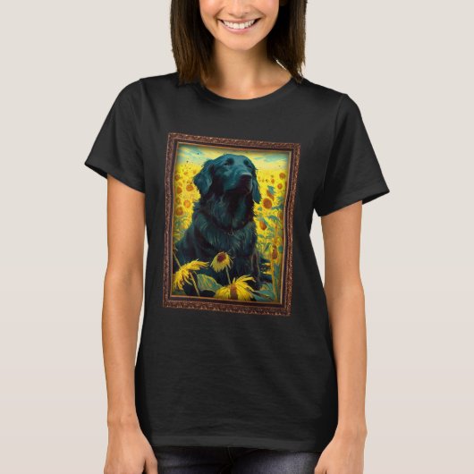 Flat Coated Retriever Painting Sunflower Flower Mo Tシャツ (正面)