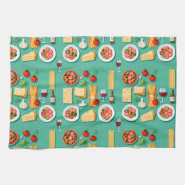 Flat lay pattern of Italian food including wine キッチンタオル