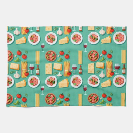 Flat lay pattern of Italian food including wine キッチンタオル (横)