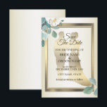 Flat Save The Date Card セーブザデート<br><div class="desc">Green Leaves Flower Golden Frame Elegant Wedding Save The Date. Unique,  beautiful,  stylish design. Easy to be personalized. Font style,  size and colors can be changed. Matching items available.</div>