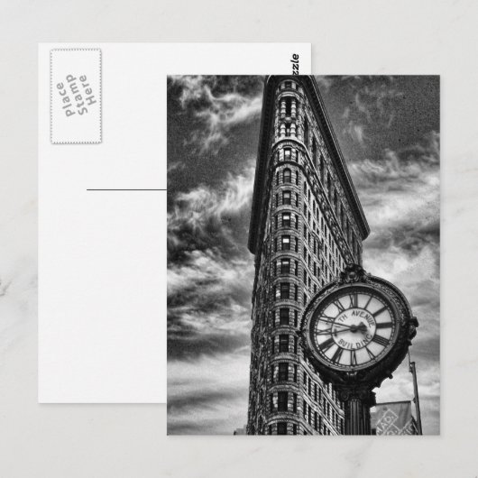 Flatiron建物とClock in Black and White ポストカード (正面/裏面)