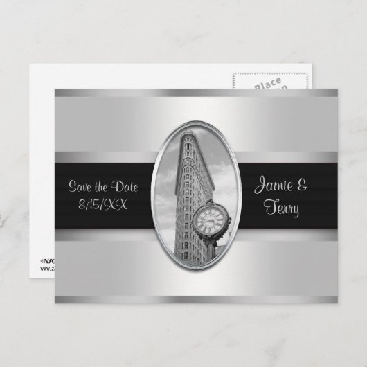 Flatiron建物ホワイトシルバーBW日付を保存 案内ポストカード (正面/裏面)