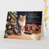 Flauschige Katze mit Weihnachtsbaum カード (黄色い花)