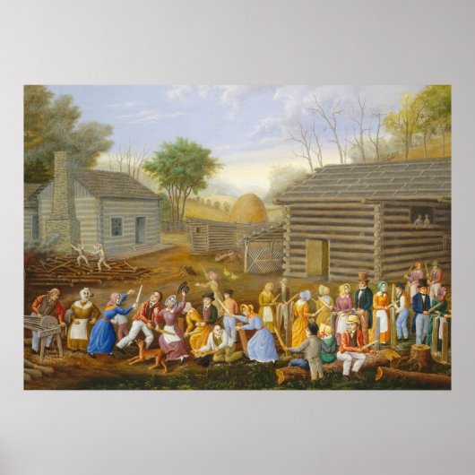 Flax Scutching Bee, 1885 (ベッドの油チッキング) ポスター (正面)