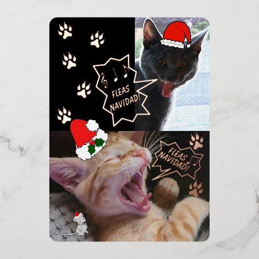 Fleas Navidadが猫のクリスマスグリーティングカードを歌う 箔招待状 (正面)