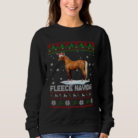 Fleece Navidad Xmas Lights Santa Reindeer Horse Sw スウェットシャツ (正面)