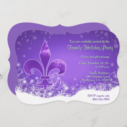 Fleur and Snowflake Purple Holiday Invitation 招待状 (正面/裏面)
