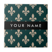 Fleur de Lis, Beige on Green, Royal, Your Name タイル (正面)