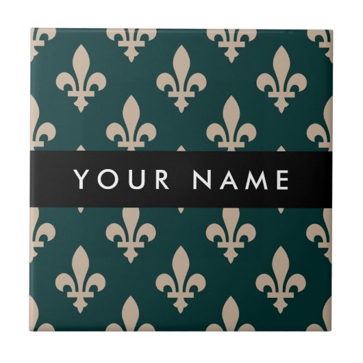 Fleur de Lis, Beige on Green, Royal, Your Name タイル (正面)