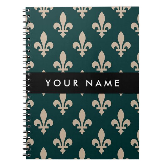Fleur de Lis, Beige on Green, Royal, Your Name ノートブック (正面)