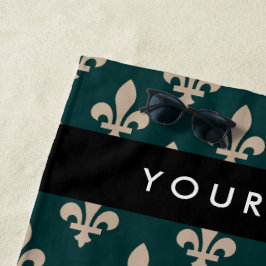 Fleur de Lis, Beige on Green, Royal, Your Name ビーチタオル
