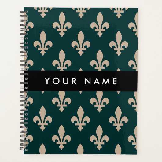 Fleur de Lis, Beige on Green, Royal, Your Name プランナー手帳 (正面)