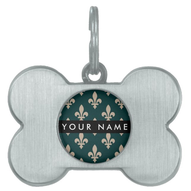Fleur de Lis, Beige on Green, Royal, Your Name ペットネームタグ (正面)