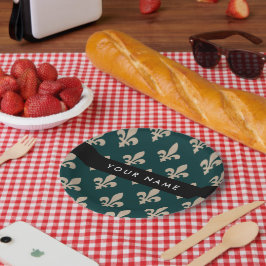 Fleur de Lis, Beige on Green, Royal, Your Name ペーパープレート