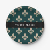 Fleur de Lis, Beige on Green, Royal, Your Name ペーパープレート (正面)
