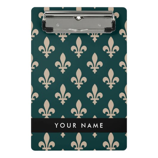 Fleur de Lis, Beige on Green, Royal, Your Name ミニクリップボード (正面)