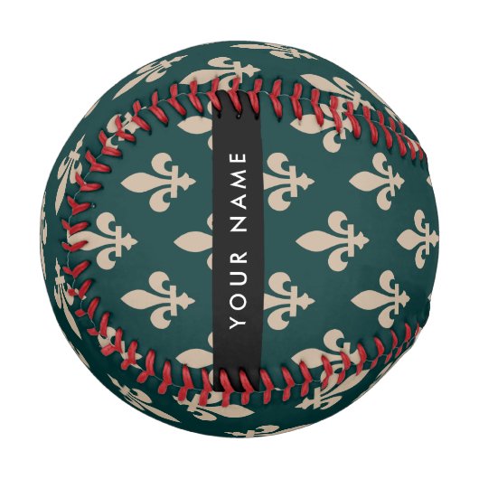 Fleur de Lis, Beige on Green, Royal, Your Name 野球ボール (正面左)