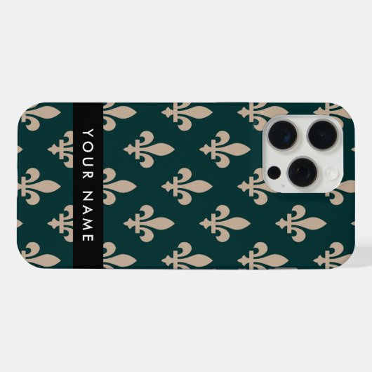 Fleur de Lis, Beige on Green, Royal, Your Name iPhoneケース (裏面横)