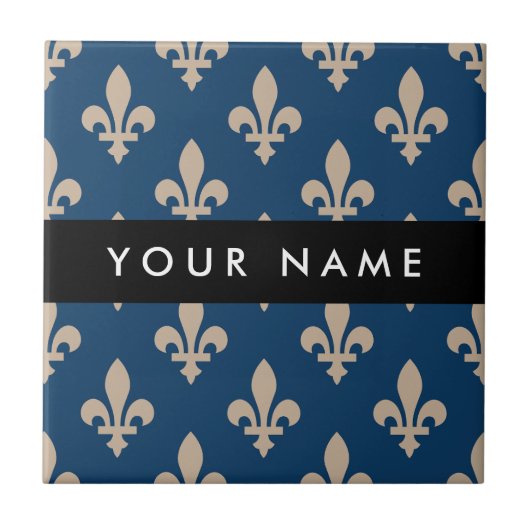 Fleur de Lis, Beige on Navy Blue, Royal, Your Name タイル (正面)
