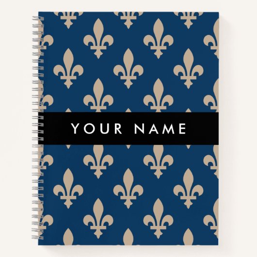 Fleur de Lis, Beige on Navy Blue, Royal, Your Name ノートブック (正面)
