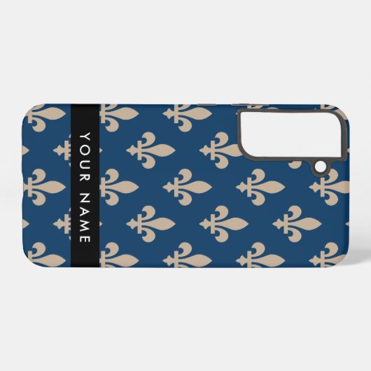 Fleur de Lis, Beige on Navy Blue, Royal, Your Name Samsung Galaxyケース (裏面横)