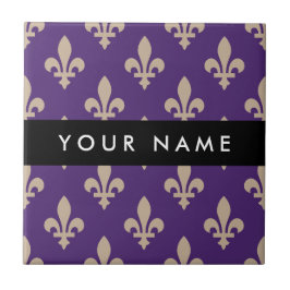 Fleur de Lis, Beige on Purple, Royal, Your Name タイル