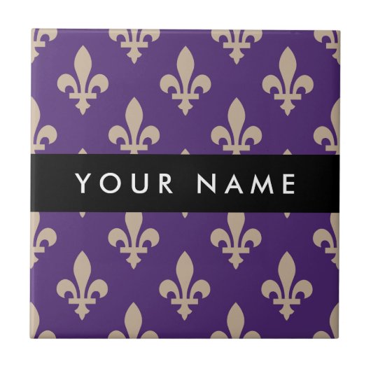Fleur de Lis, Beige on Purple, Royal, Your Name タイル (正面)