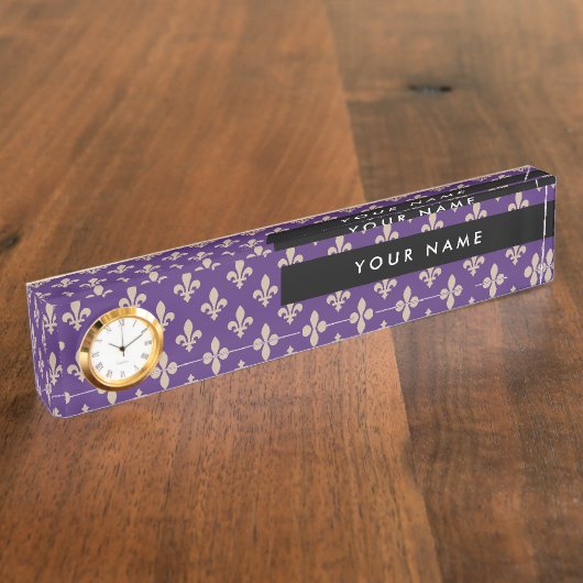 Fleur de Lis, Beige on Purple, Royal, Your Name デスクネームプレート (側面)