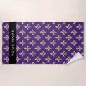 Fleur de Lis, Beige on Purple, Royal, Your Name ビーチタオル (正面)