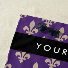 Fleur de Lis, Beige on Purple, Royal, Your Name ビーチタオル
