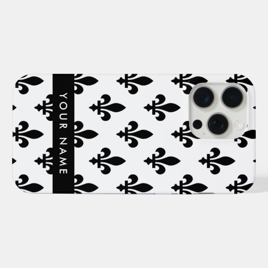 Fleur de Lis, Black on White, Black, Your Name iPhoneケース (裏面横)