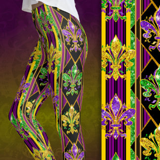 Fleur-de-lis faux glitter mardi gras colors stripe レギンス