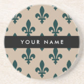 Fleur de Lis, Green on Beige, Royal, Your Name コースター (正面)