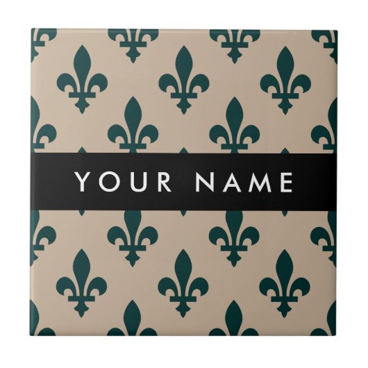 Fleur de Lis, Green on Beige, Royal, Your Name タイル (正面)