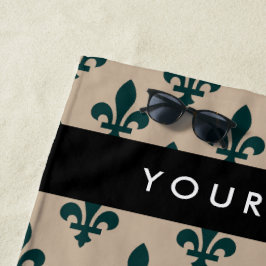 Fleur de Lis, Green on Beige, Royal, Your Name ビーチタオル