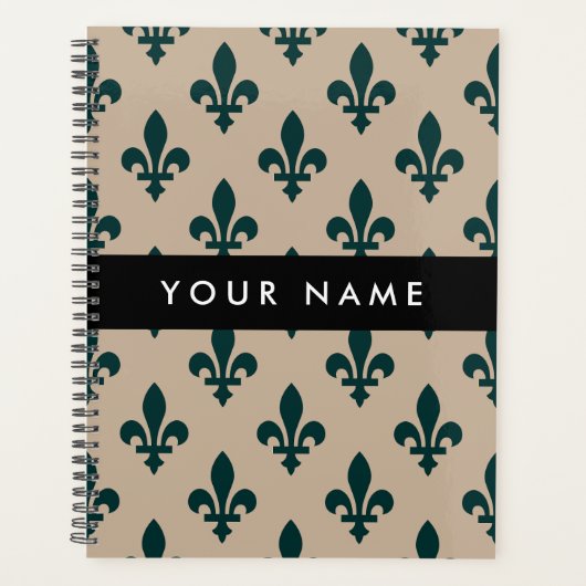 Fleur de Lis, Green on Beige, Royal, Your Name プランナー手帳 (正面)