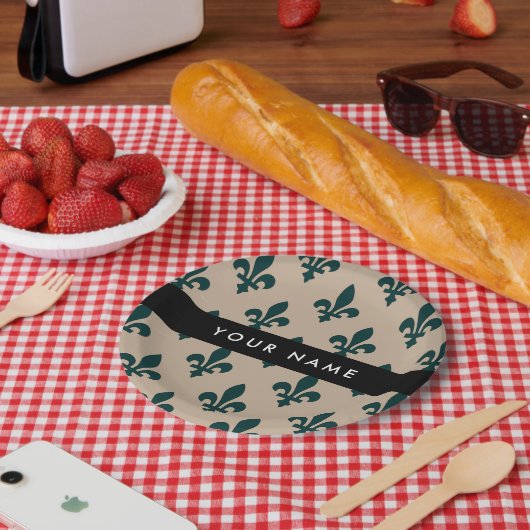 Fleur de Lis, Green on Beige, Royal, Your Name ペーパープレート (ピクニック)