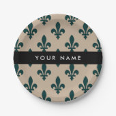 Fleur de Lis, Green on Beige, Royal, Your Name ペーパープレート (正面)