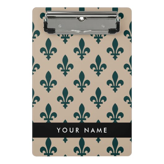 Fleur de Lis, Green on Beige, Royal, Your Name ミニクリップボード (正面)