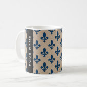 Fleur de Lis, Navy Blue on Beige, Royal, Your Name コーヒーマグカップ (正面左)