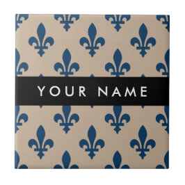 Fleur de Lis, Navy Blue on Beige, Royal, Your Name タイル