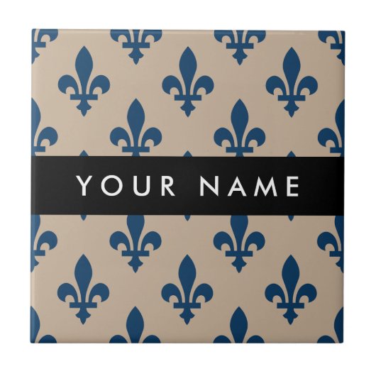 Fleur de Lis, Navy Blue on Beige, Royal, Your Name タイル (正面)