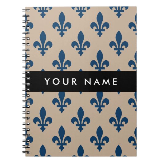 Fleur de Lis, Navy Blue on Beige, Royal, Your Name ノートブック (正面)