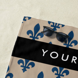 Fleur de Lis, Navy Blue on Beige, Royal, Your Name ビーチタオル