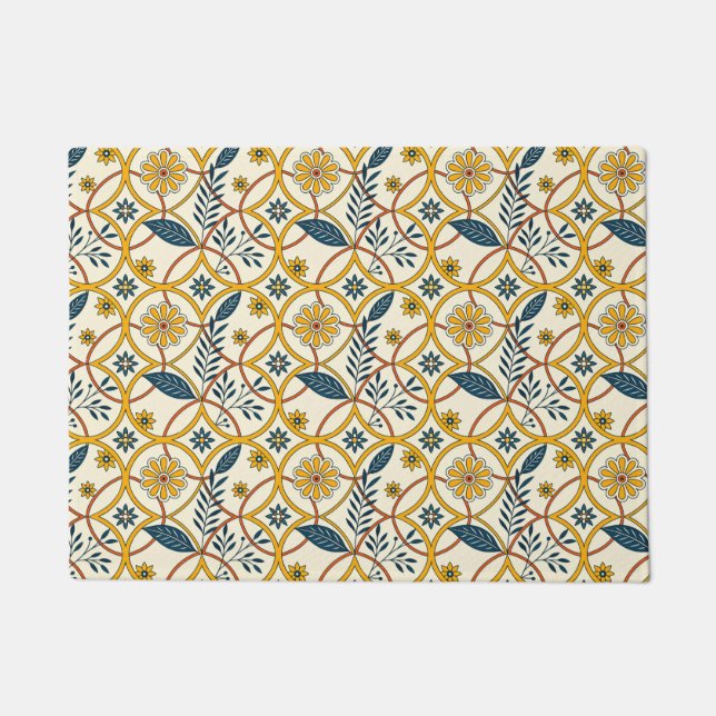 Fleurs dans des cercles verts et beige ドアマット (正面)