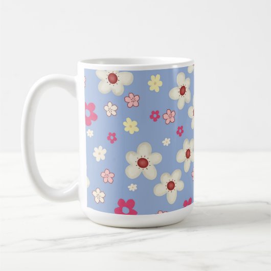 fleurs printanières sur fond bleu コーヒーマグカップ (左)