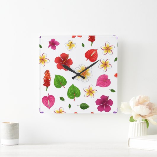 Fleurs tropicales hawaïennes スクエア壁時計 (ホーム)
