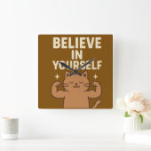 Flexing やる気を起こさせる Cat - 「自分で信じ」 スクエア壁時計 (ホーム)