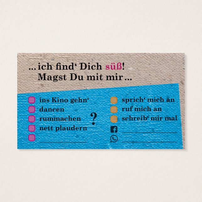 Flirt-Karte "Du bist süß!"; mit Kontaktfeldern (裏面)