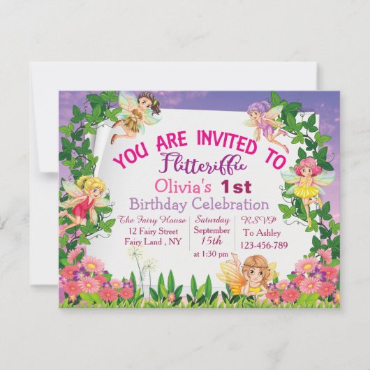Flitterifficのピンクの魔法の妖精の土地の第1誕生日 招待状 (正面)
